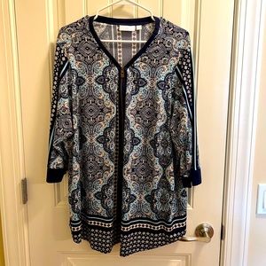 Long sleeve Bohemian blue white shirt.